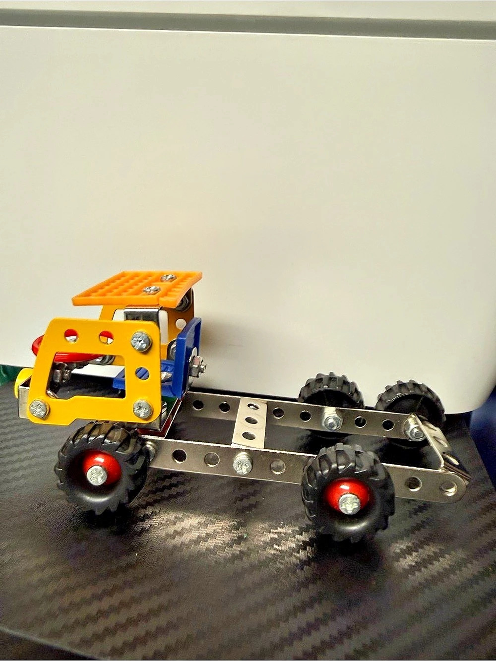 Vintage Metal Construction Vehicle Toy Red Yellow Blue 4 Wheel